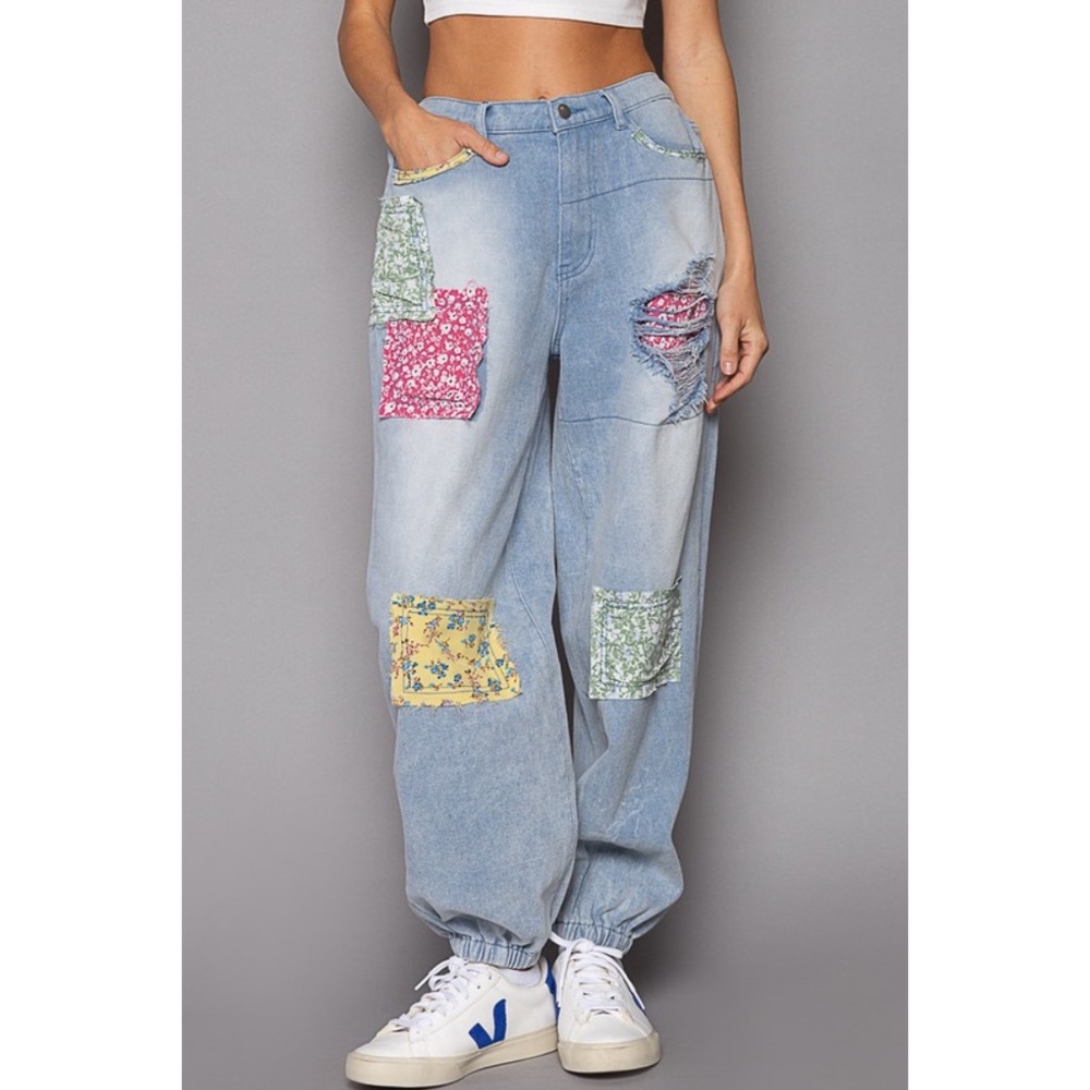 POL Light Wash Patchwork Boyfriend Jogger Jeans Lightweight - Picture 4 of 13